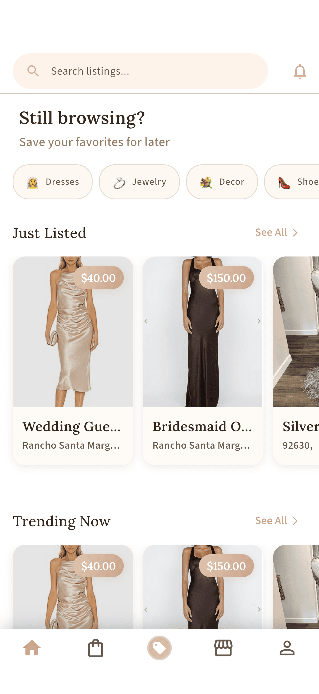Vows2Vintage app showing wedding marketplace listings